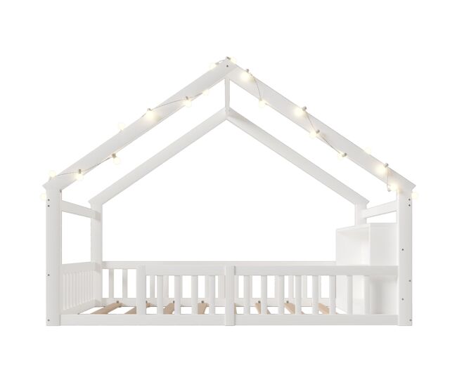 Cama baja 140x190 cm - cuna con barandillas, estilo minimalista, madera de pino, blanca