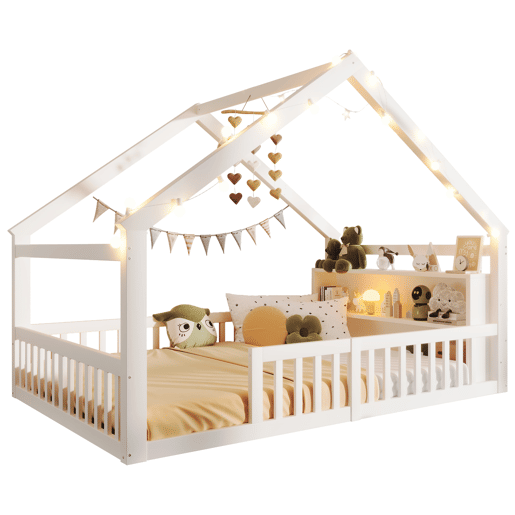 Cama baixa 140x190 cm - Berço com grades, estilo minimalista, madeira de pinho, branco