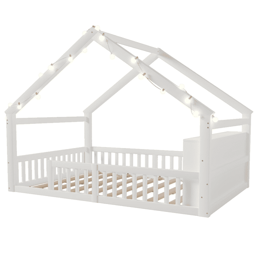 Cama baixa 140x190 cm - Berço com grades, estilo minimalista, madeira de pinho, branco