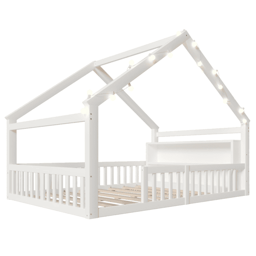 Cama baixa 140x190 cm - Berço com grades, estilo minimalista, madeira de pinho, branco