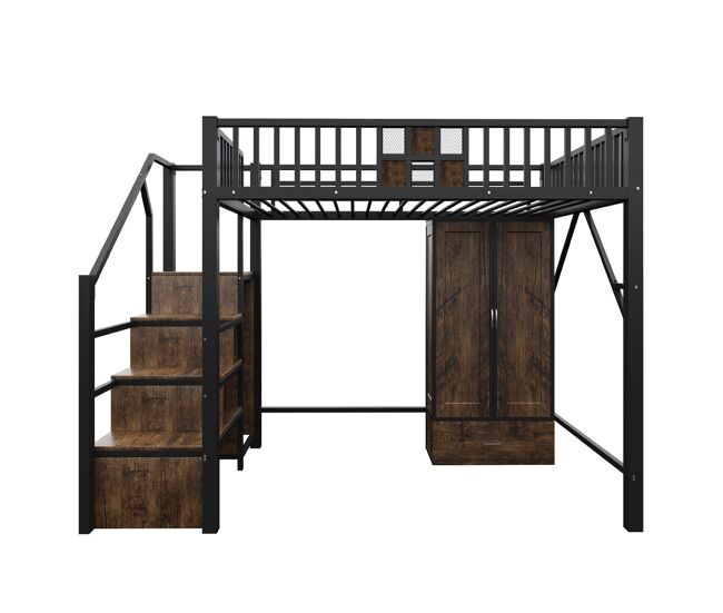 Cama alta metálica 140x200 - diseño con barandilla, armario, cajones y escalera de almacenamiento - negro