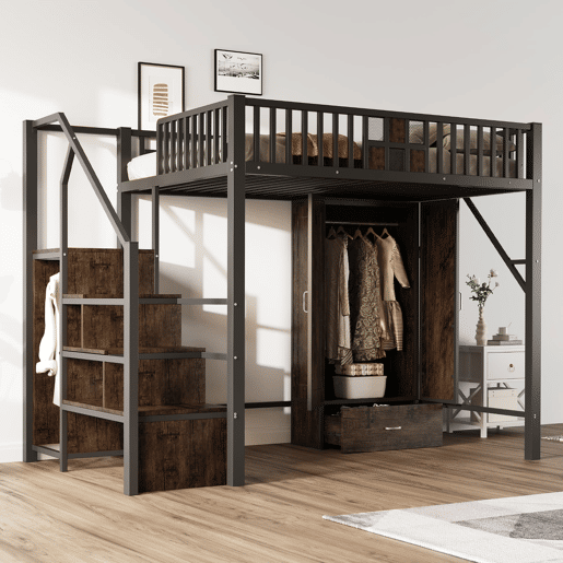 Cama alta metálica 140x200 - Design com grade, armário, gavetas e escada de arrumação - Preto Cama alta metálica 140x200 - Design com grade, armário, gavetas e escada de arrumação - Preto