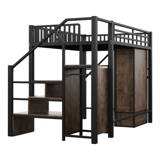 Cama alta metálica 140x200 - Design com grade, armário, gavetas e escada de arrumação - Preto Cama alta metálica 140x200 - Design com grade, armário, gavetas e escada de arrumação - Preto