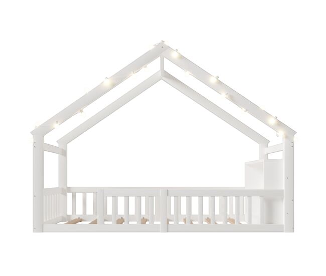 Cama baja 90x190 cm - cuna con barandillas, estructura de casa, estilo minimalista, blanca