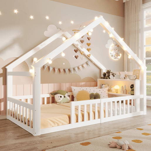 Cama baixa 90x190 cm - Berço com grades, estrutura em forma de casa, estilo minimalista, branco Cama baixa 90x190 cm - Berço com grades, estrutura em forma de casa, estilo minimalista, branco