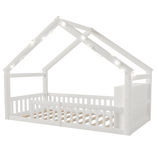 Cama baixa 90x190 cm - Berço com grades, estrutura em forma de casa, estilo minimalista, branco Cama baixa 90x190 cm - Berço com grades, estrutura em forma de casa, estilo minimalista, branco