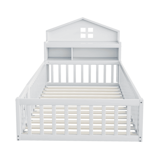 Cama infantil 90x200 - Estrutura em madeira maciça, grade, com prateleiras e espaço de arrumação, com grelha e porta, branca