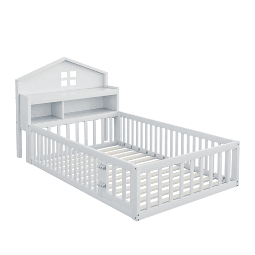 Cama infantil 90x200 - Estrutura em madeira maciça, grade, com prateleiras e espaço de arrumação, com grelha e porta, branca