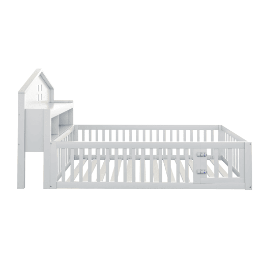 Cama infantil 90x200 - Estrutura em madeira maciça, grade, com prateleiras e espaço de arrumação, com grelha e porta, branca