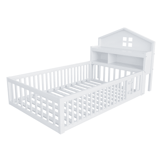 Cama infantil 90x200 - Estrutura em madeira maciça, grade, com prateleiras e espaço de arrumação, com grelha e porta, branca