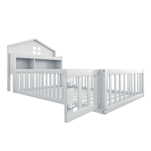 Cama infantil 90x200 - Estrutura em madeira maciça, grade, com prateleiras e espaço de arrumação, com grelha e porta, branca