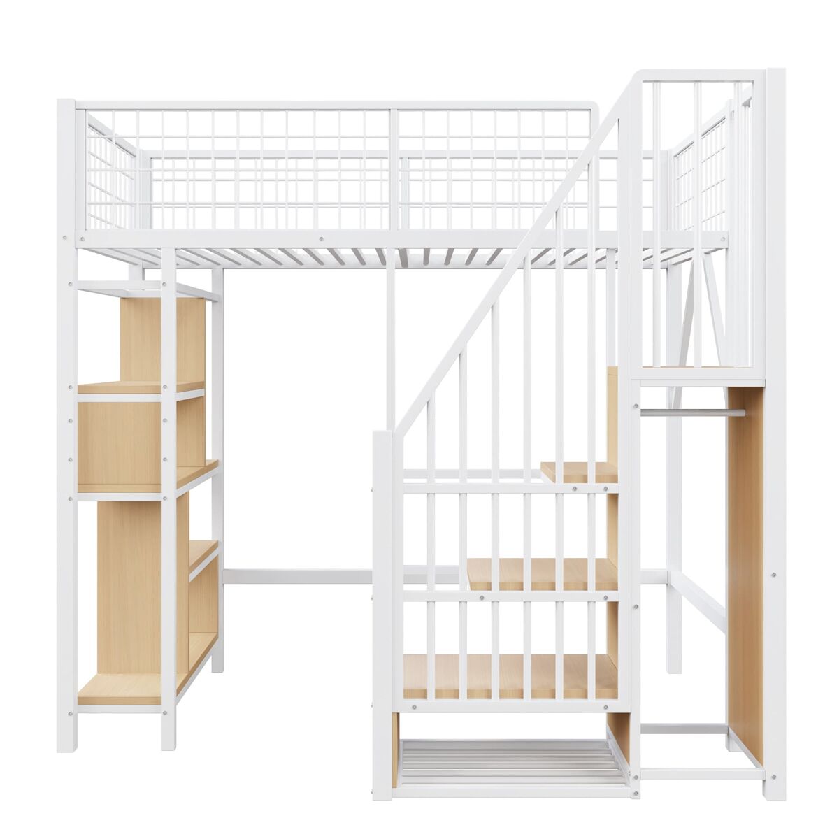 Cama alta multifuncional 90x200 cm - con almacenamiento, estanterías y escalera - blanca