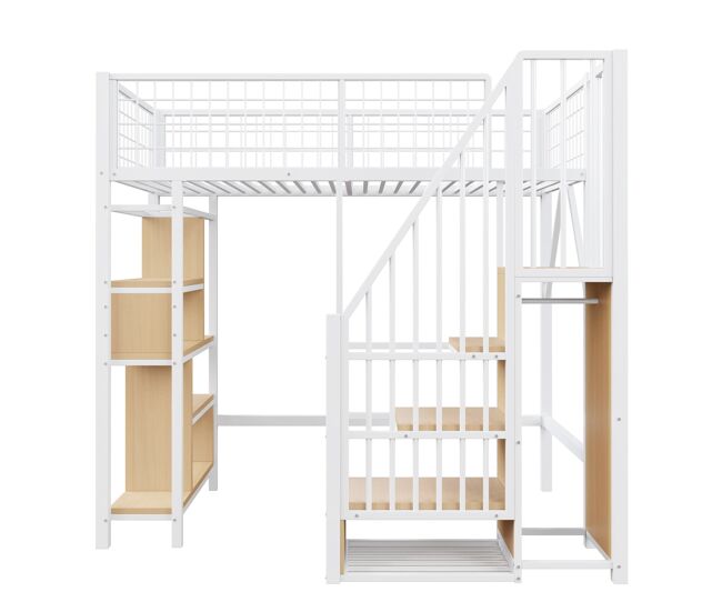 Cama alta multifuncional 90x200 cm - con almacenamiento, estanterías y escalera - blanca