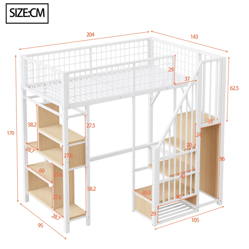 Cama alta multifuncional 90x200 cm - Com arrumação, prateleiras e escada - Branca