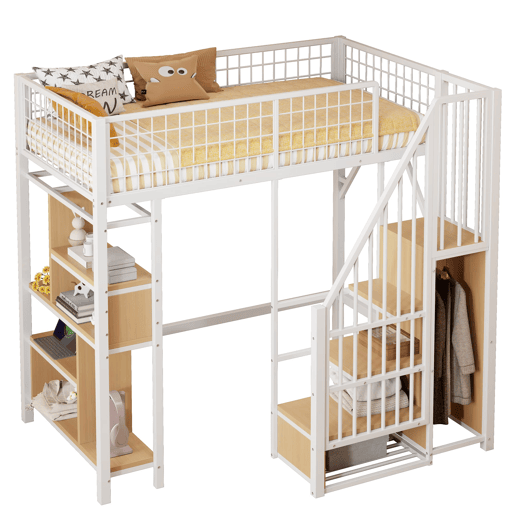 Cama alta multifuncional 90x200 cm - Com arrumação, prateleiras e escada - Branca