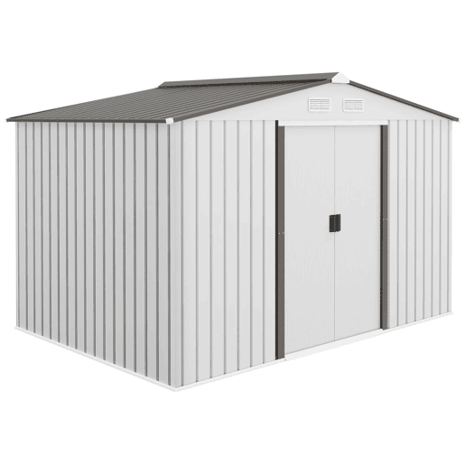 Outsunny Abrigo de Jardim Exterior Abrigo e Jardim Metálico para Armazenamento de Ferramentas com 4 Janelas 277x195x192 cm Branco e Cinza Escuro