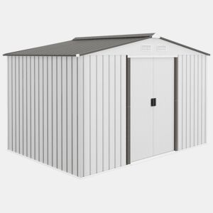 Outsunny Abrigo de Jardim Exterior Abrigo e Jardim Metálico para Armazenamento de Ferramentas com 4 Janelas 277x195x192 cm Branco e Cinza Escuro