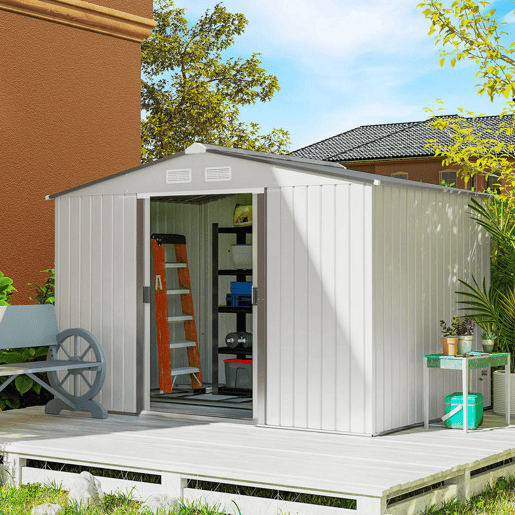 Outsunny Abrigo de Jardim Exterior Abrigo e Jardim Metálico para Armazenamento de Ferramentas com 4 Janelas 277x195x192 cm Branco e Cinza Escuro
