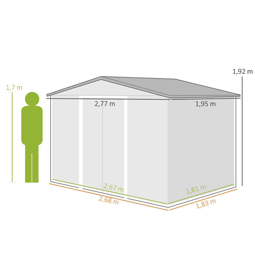 Outsunny Abrigo de Jardim Exterior Abrigo e Jardim Metálico para Armazenamento de Ferramentas com 4 Janelas 277x195x192 cm Branco e Cinza Escuro