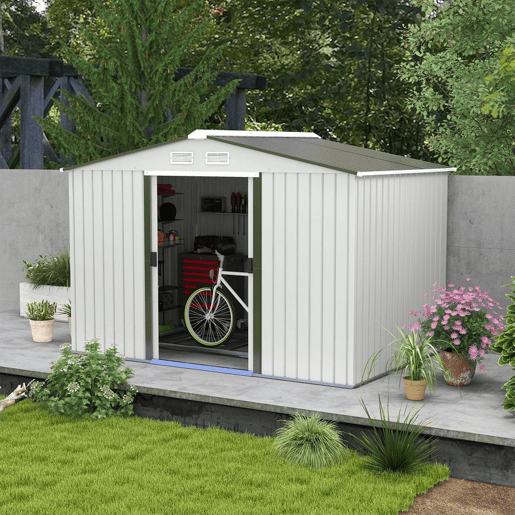 Outsunny Abrigo de Jardim Exterior Abrigo e Jardim Metálico para Armazenamento de Ferramentas com 4 Janelas 277x195x192 cm Branco e Cinza Escuro