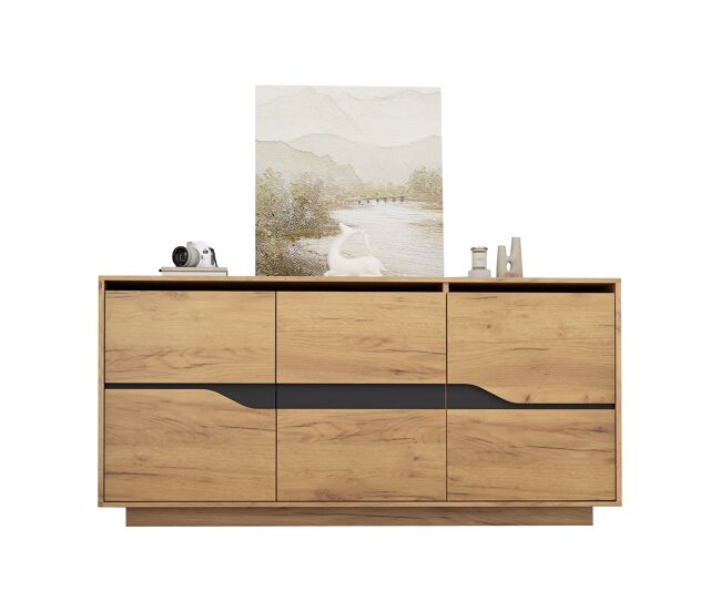 Comoda 140x40x70 cm - con 3 puertas, separadores ajustables, diseño sin asas, color madera + negro