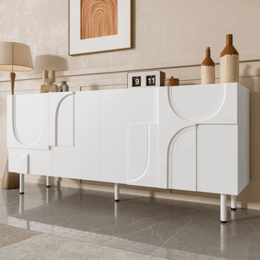 Aparador de sala de jantar 160x40x93 cm - Design geométrico, múltiplas opções de arrumação, moderno - Branco Aparador de sala de jantar 160x40x93 cm - Design geométrico, múltiplas opções de arrumação, moderno - Branco