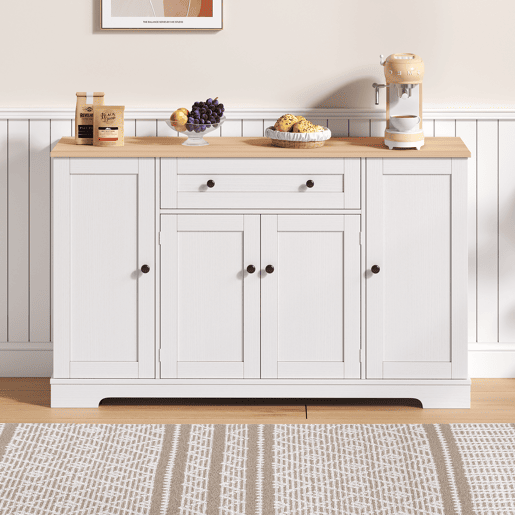 Buffet multifuncional 138 cm - Com gaveta, portas com prateleiras e prateleiras ajustáveis - Design moderno com proteção antiderrapante
