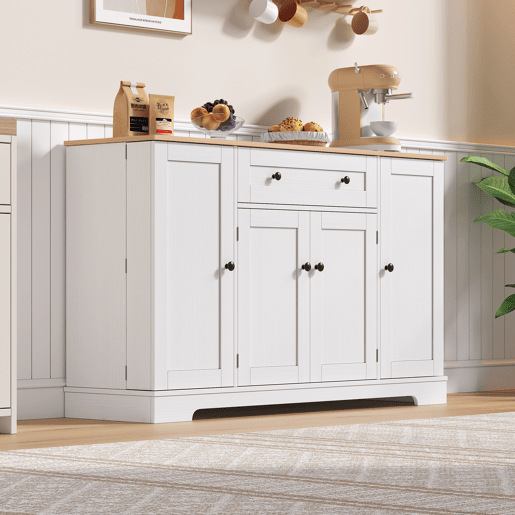 Buffet multifuncional 138 cm - Com gaveta, portas com prateleiras e prateleiras ajustáveis - Design moderno com proteção antiderrapante