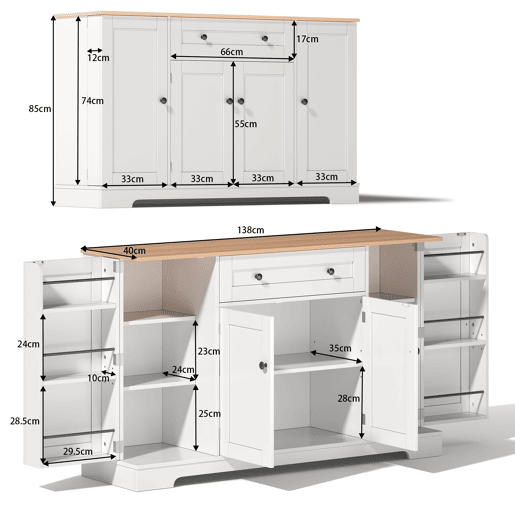 Buffet multifuncional 138 cm - Com gaveta, portas com prateleiras e prateleiras ajustáveis - Design moderno com proteção antiderrapante