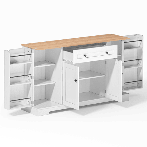 Buffet multifuncional 138 cm - Com gaveta, portas com prateleiras e prateleiras ajustáveis - Design moderno com proteção antiderrapante