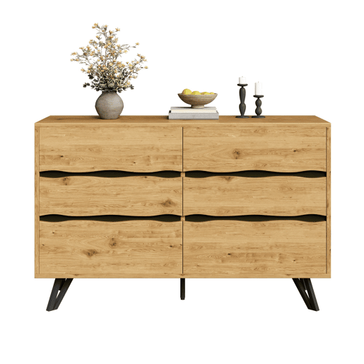 Aparador moderno 120x40x75,5 cm - 6 gavetas, design minimalista, pernas de metal - Madeira