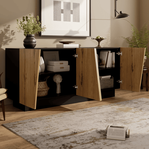 Aparador 160 cm - grande capacidade de armazenamento, design geométrico, prateleira ajustável - PretoMadeira