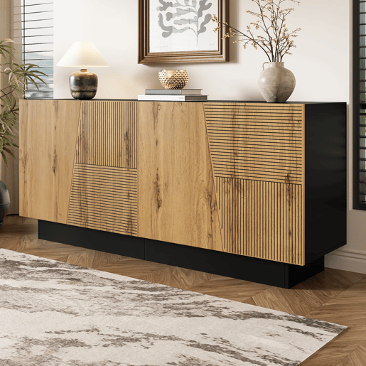 Aparador 160 cm - grande capacidade de armazenamento, design geométrico, prateleira ajustável - PretoMadeira