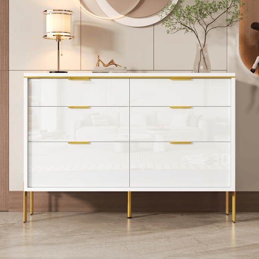 Aparador com 6 gavetas - frente brilhante, grande capacidade de armazenamento, estilo moderno - Branco Aparador com 6 gavetas - frente brilhante, grande capacidade de armazenamento, estilo moderno - Branco