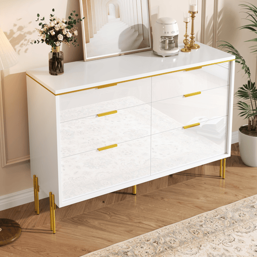 Aparador com 6 gavetas - frente brilhante, grande capacidade de armazenamento, estilo moderno - Branco Aparador com 6 gavetas - frente brilhante, grande capacidade de armazenamento, estilo moderno - Branco