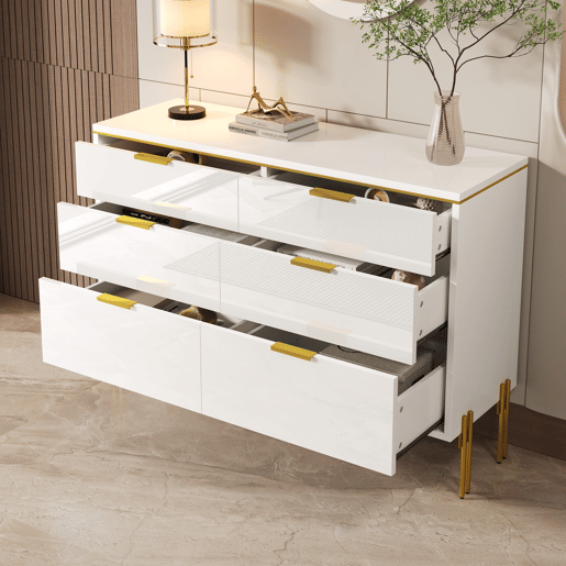 Aparador com 6 gavetas - frente brilhante, grande capacidade de armazenamento, estilo moderno - Branco Aparador com 6 gavetas - frente brilhante, grande capacidade de armazenamento, estilo moderno - Branco