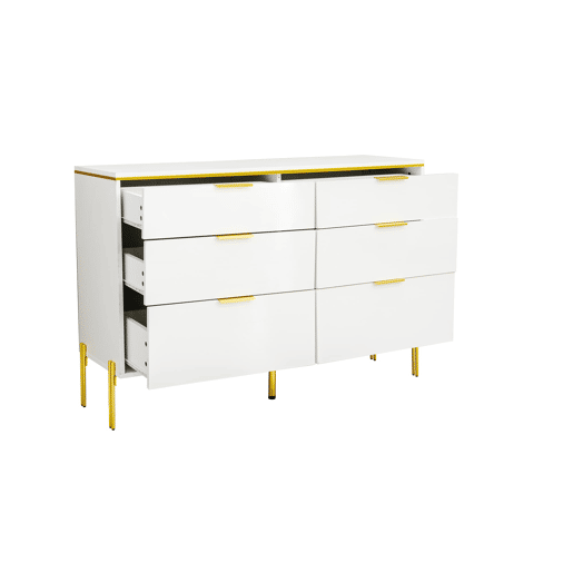 Aparador com 6 gavetas - frente brilhante, grande capacidade de armazenamento, estilo moderno - Branco Aparador com 6 gavetas - frente brilhante, grande capacidade de armazenamento, estilo moderno - Branco