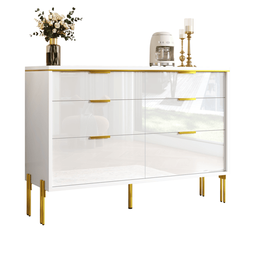 Aparador com 6 gavetas - frente brilhante, grande capacidade de armazenamento, estilo moderno - Branco Aparador com 6 gavetas - frente brilhante, grande capacidade de armazenamento, estilo moderno - Branco