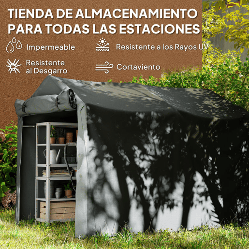 Outsunny Abrigo de Exterior para Ferramentas e Bicicletas 2,2x1,57x1,65 m Abrigo de Jardim com Porta Desmontável com Fecho de Correr Impermeável Anti-UV Garagem Portátil Cinzento Escuro