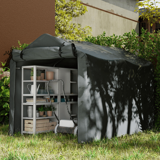 Outsunny Abrigo de Exterior para Ferramentas e Bicicletas 2,2x1,57x1,65 m Abrigo de Jardim com Porta Desmontável com Fecho de Correr Impermeável Anti-UV Garagem Portátil Cinzento Escuro