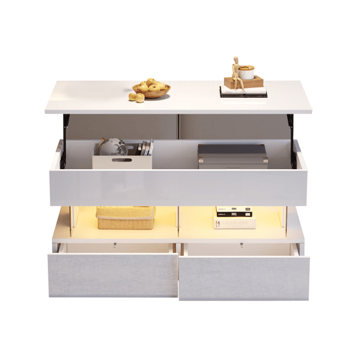 Mesa de centro elevável 100x50x46 cm - Sofá com mesa ajustável, arrumação oculta, LED, 2 gavetas - Branco