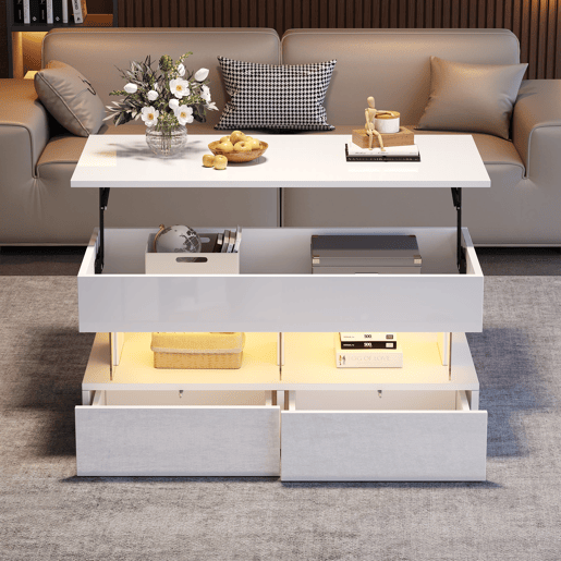 Mesa de centro elevável 100x50x46 cm - Sofá com mesa ajustável, arrumação oculta, LED, 2 gavetas - Branco