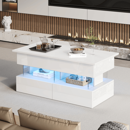 Mesa de centro elevável 100x50x46 cm - Sofá com mesa ajustável, arrumação oculta, LED, 2 gavetas - Branco