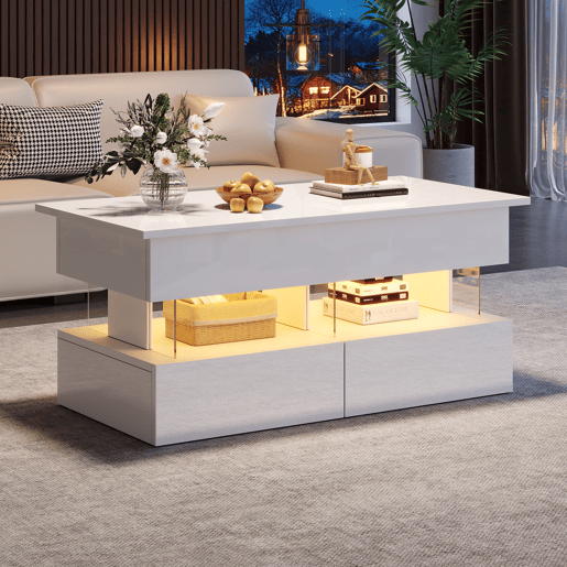 Mesa de centro elevável 100x50x46 cm - Sofá com mesa ajustável, arrumação oculta, LED, 2 gavetas - Branco