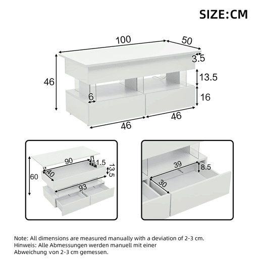 Mesa de centro elevável 100x50x46 cm - Sofá com mesa ajustável, arrumação oculta, LED, 2 gavetas - Branco