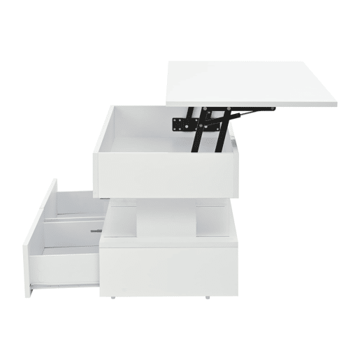 Mesa de centro elevável 100x50x46 cm - Sofá com mesa ajustável, arrumação oculta, LED, 2 gavetas - Branco