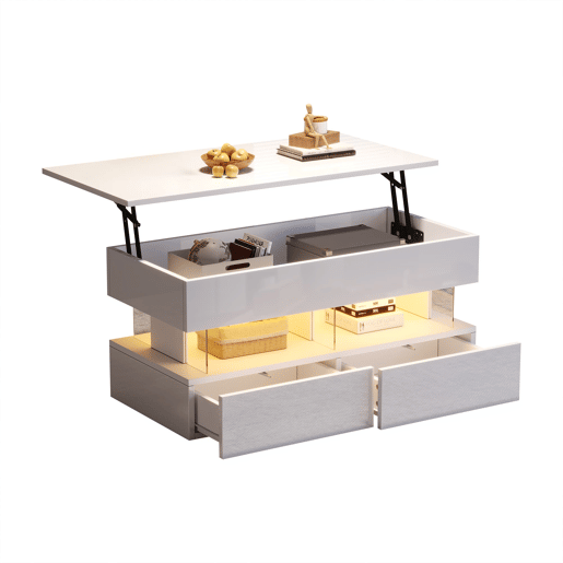 Mesa de centro elevável 100x50x46 cm - Sofá com mesa ajustável, arrumação oculta, LED, 2 gavetas - Branco