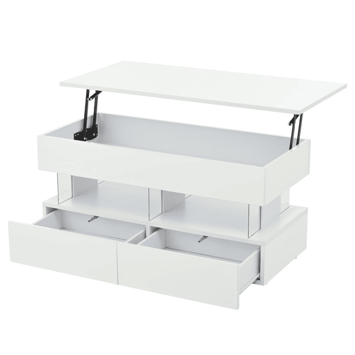 Mesa de centro elevável 100x50x46 cm - Sofá com mesa ajustável, arrumação oculta, LED, 2 gavetas - Branco
