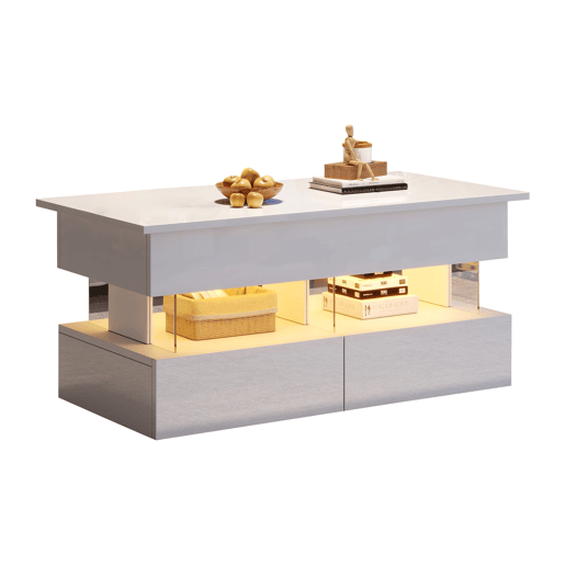 Mesa de centro elevável 100x50x46 cm - Sofá com mesa ajustável, arrumação oculta, LED, 2 gavetas - Branco
