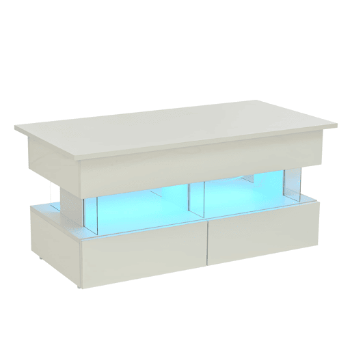 Mesa de centro elevável 100x50x46 cm - Sofá com mesa ajustável, arrumação oculta, LED, 2 gavetas - Branco
